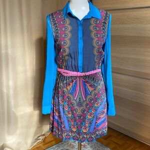 Flying Tomato Women’s Shirt Dress Medium Blue Multicolor Long Sleeve Vintage